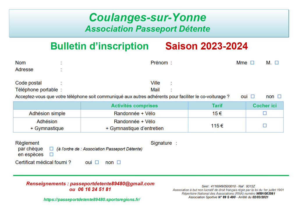 Bulletin d'adhésion - Saison 2023-2024