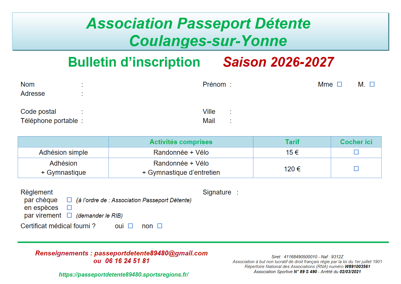Bulletin d'adhésion - Saison 2026-2027